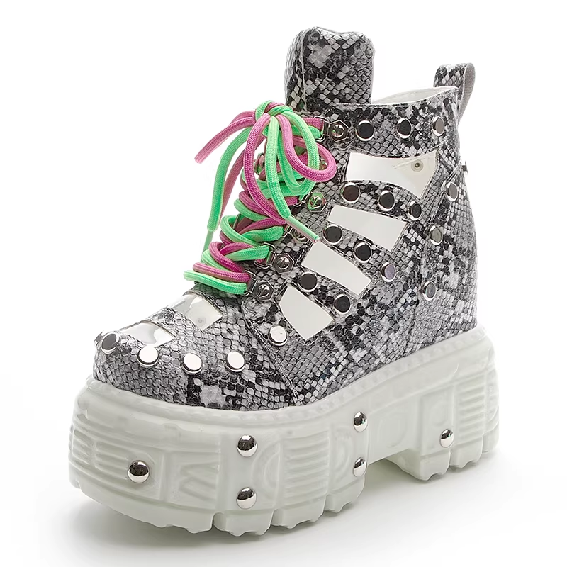 Summer New Slim 12 CM Height Increasing Platform Wedges Lace Up Snake Print Cut out Genuine Leather Rivets Zipper Women Ankle Short Modern Sandal Boots