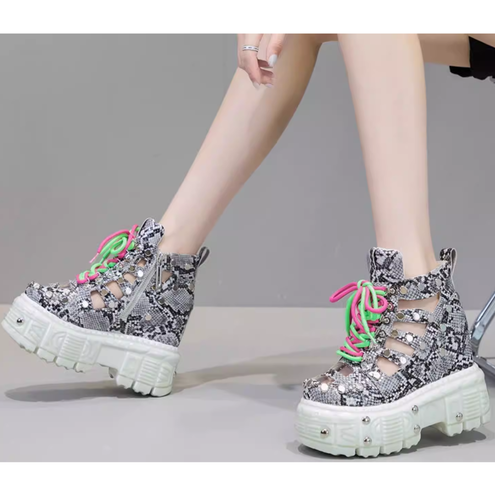 Summer New Slim 12 CM Height Increasing Platform Wedges Lace Up Snake Print Cut out Genuine Leather Rivets Zipper Women Ankle Short Modern Sandal Boots