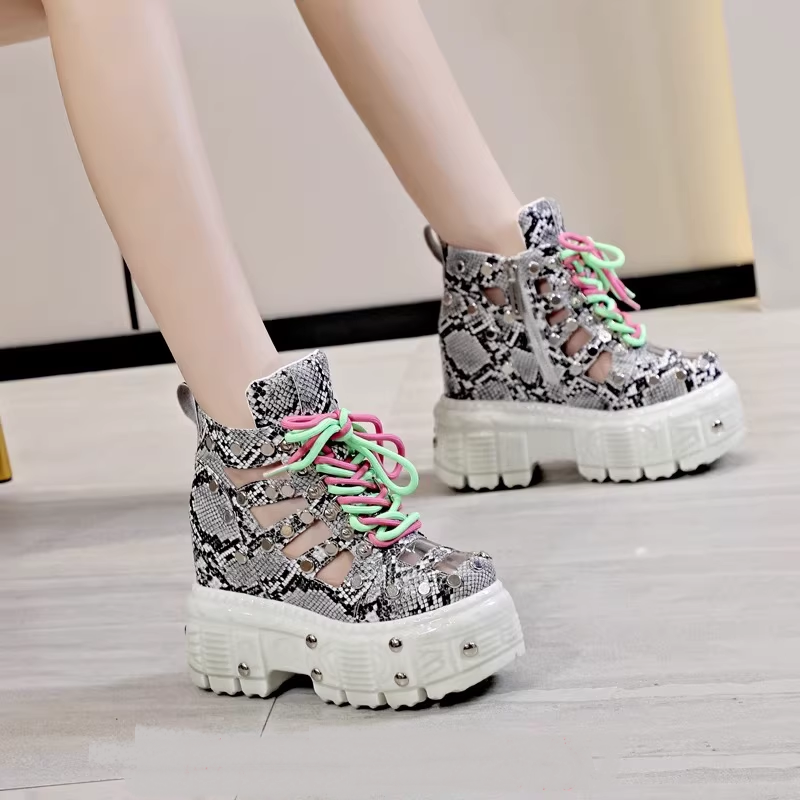 Summer New Slim 12 CM Height Increasing Platform Wedges Lace Up Snake Print Cut out Genuine Leather Rivets Zipper Women Ankle Short Modern Sandal Boots