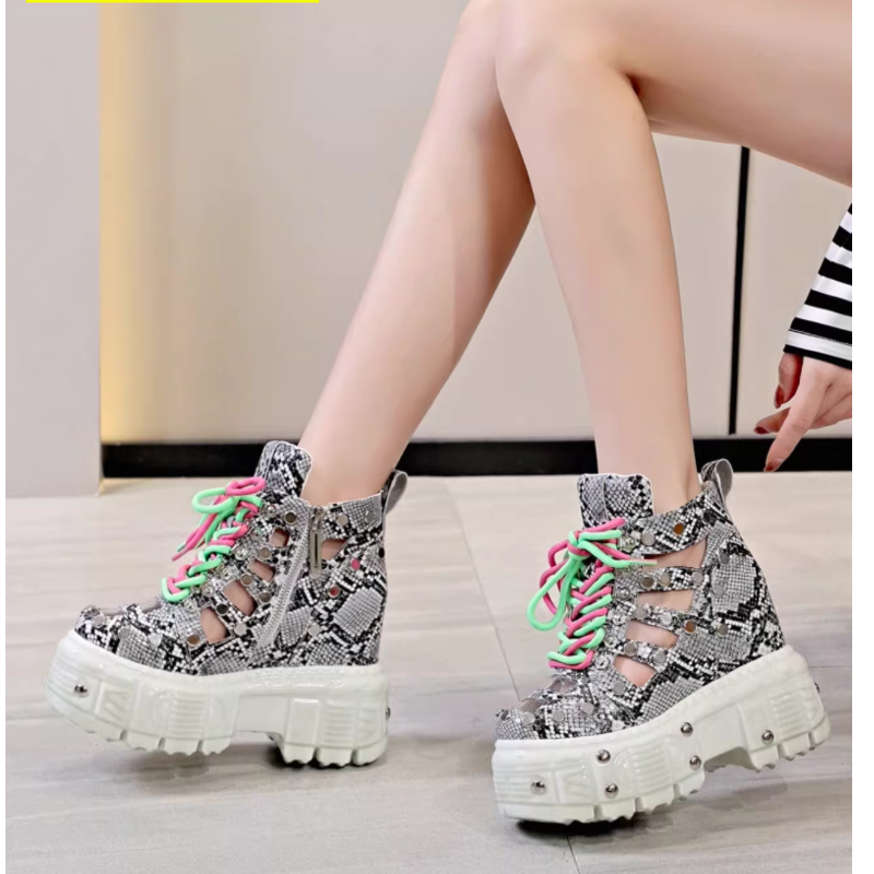Summer New Slim 12 CM Height Increasing Platform Wedges Lace Up Snake Print Cut out Genuine Leather Rivets Zipper Women Ankle Short Modern Sandal Boots