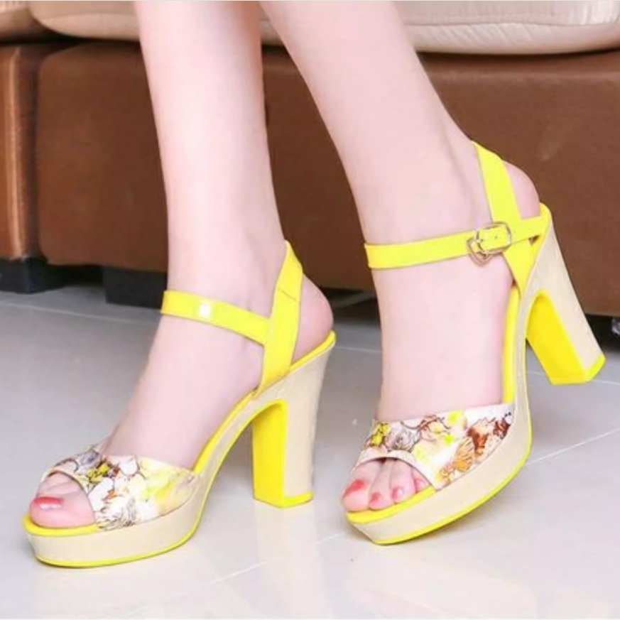 Printed Flowers Patent Leather 10 CM Thick High Heels Sandals Summer New Blue Open The Toe Shallow Mouth Single Strap Buckle Sandals Yellow Women Shoes 60211