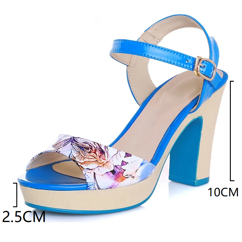 Printed Flowers Patent Leather 10 CM Thick High Heels Sandals Summer New Blue Open The Toe Shallow Mouth Single Strap Buckle Sandals Yellow Women Shoes 60211
