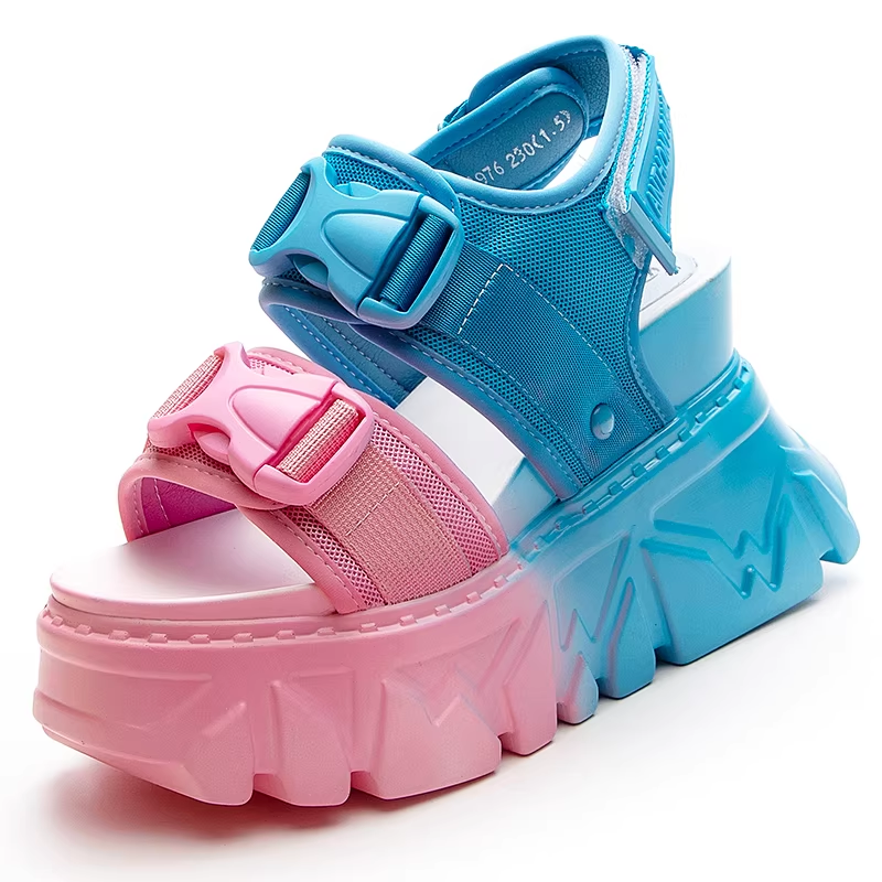 Summer New Korean Style Slim 11 CM Height Increasing Wedges Peep Toe Platform Hook Loop Cutout Mixed Colors Buckles Belt Women Gladiator Sandals 60211