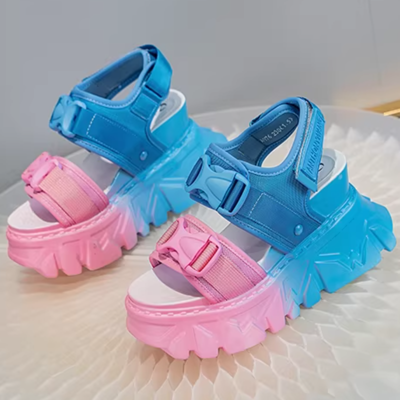 Summer New Korean Style Slim 11 CM Height Increasing Wedges Peep Toe Platform Hook Loop Cutout Mixed Colors Buckles Belt Women Gladiator Sandals 60211