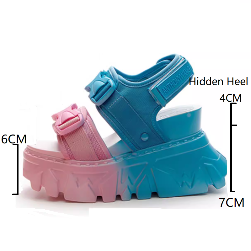 Summer New Korean Style Slim 11 CM Height Increasing Wedges Peep Toe Platform Hook Loop Cutout Mixed Colors Buckles Belt Women Gladiator Sandals 60211