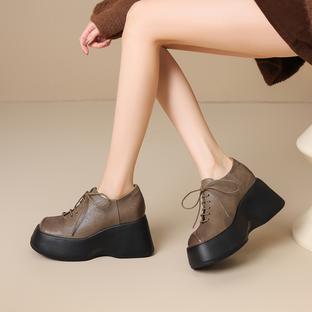 Women's Genuine Leather Lace-up 10 CM Platform Wedge Oxford Shoes Sewn Craft Minimalist Versatile Square Toe Casual Commute Single Shoes 60211