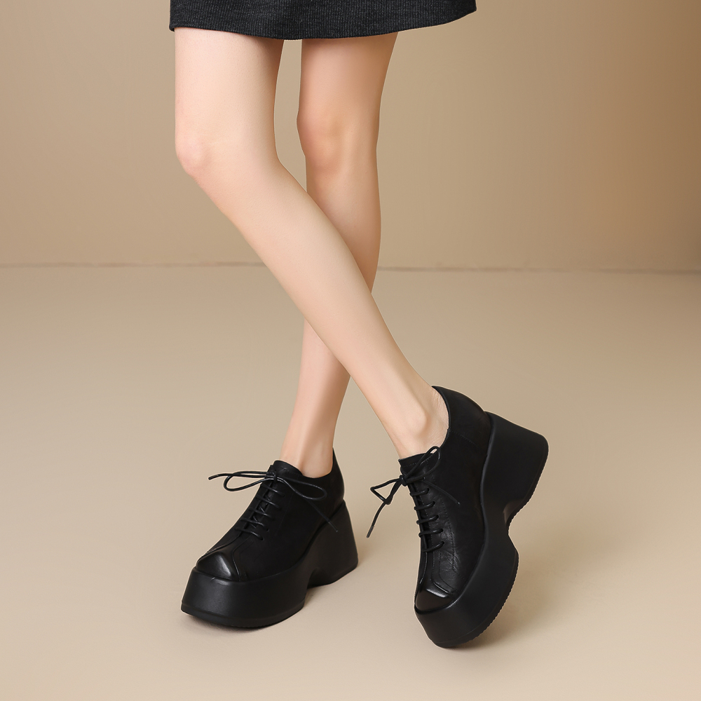 Women's Genuine Leather Lace-up 10 CM Platform Wedge Oxford Shoes Sewn Craft Minimalist Versatile Square Toe Casual Commute Single Shoes 60211