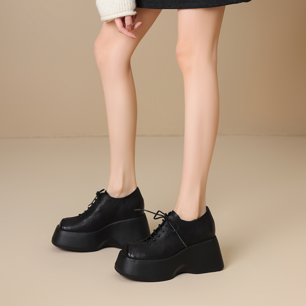Women's Genuine Leather Lace-up 10 CM Platform Wedge Oxford Shoes Sewn Craft Minimalist Versatile Square Toe Casual Commute Single Shoes 60211