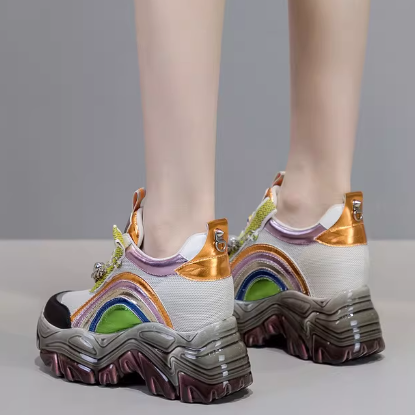 Spring Autumn New Slim 11 CM Height Increasing Platform Metal Chain Rainbow Colors String Bead Pearl Mesh Genuine Leather Women Casual Shoes Sneakers 60212