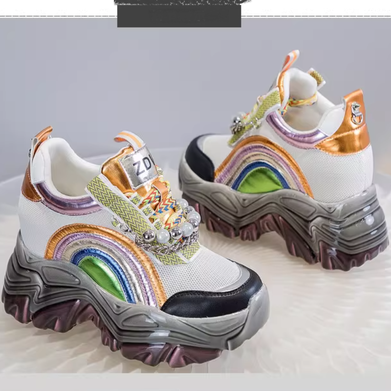 Spring Autumn New Slim 11 CM Height Increasing Platform Metal Chain Rainbow Colors String Bead Pearl Mesh Genuine Leather Women Casual Shoes Sneakers 60212