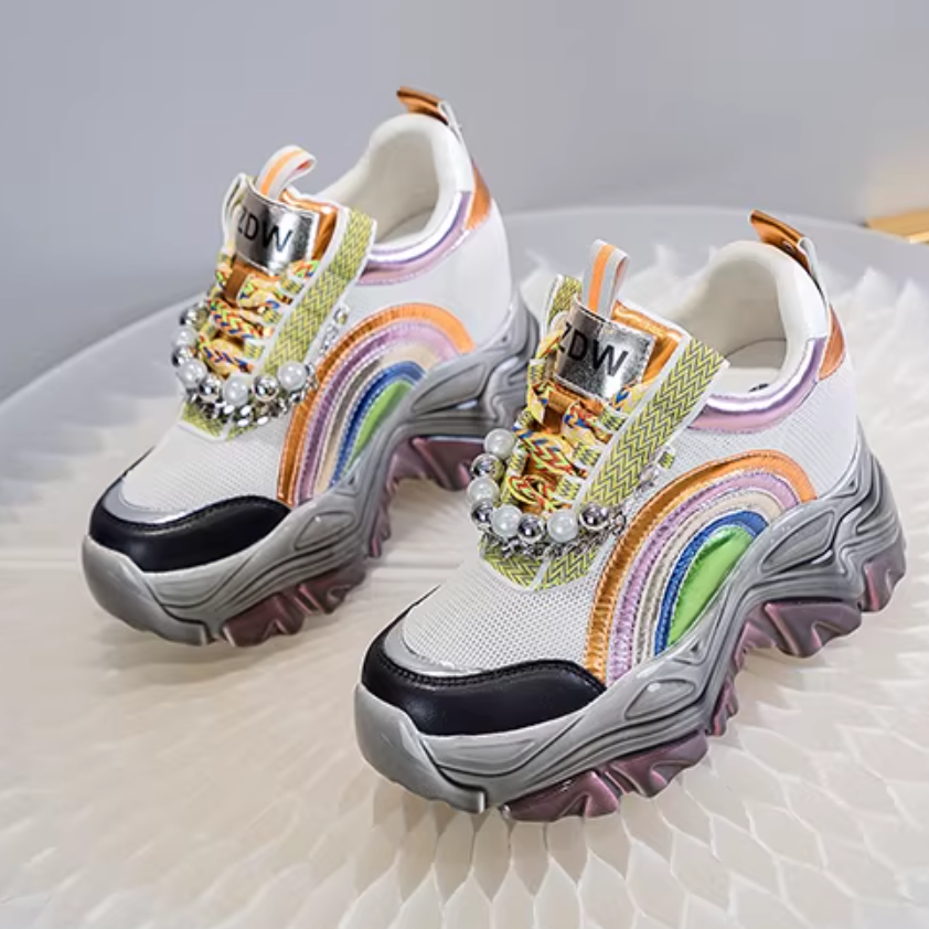 Spring Autumn New Slim 11 CM Height Increasing Platform Metal Chain Rainbow Colors String Bead Pearl Mesh Genuine Leather Women Casual Shoes Sneakers 60212