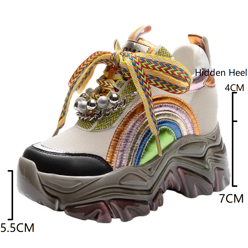 Spring Autumn New Slim 11 CM Height Increasing Platform Metal Chain Rainbow Colors String Bead Pearl Mesh Genuine Leather Women Casual Shoes Sneakers 60212