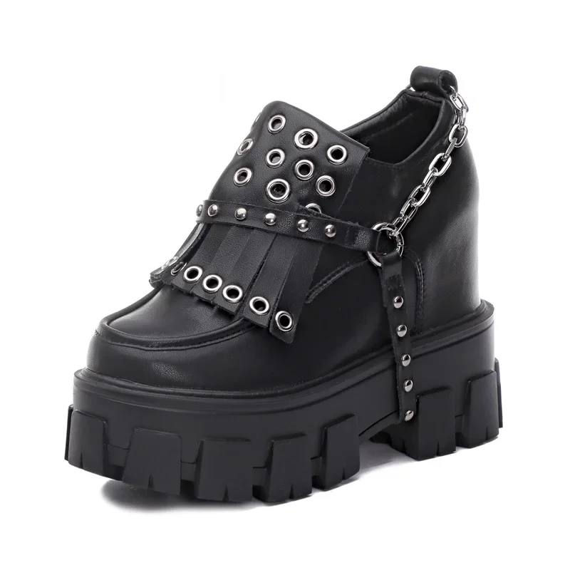 Spring Autumn New Punk Style 12 CM Height Increasing Platform Metal Chain Fringe Genuine Leather Women Casual Shoes Sneakers 60212