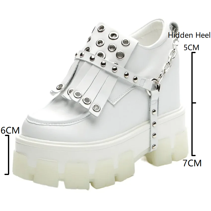 Spring Autumn New Punk Style 12 CM Height Increasing Platform Metal Chain Fringe Genuine Leather Women Casual Shoes Sneakers 60212