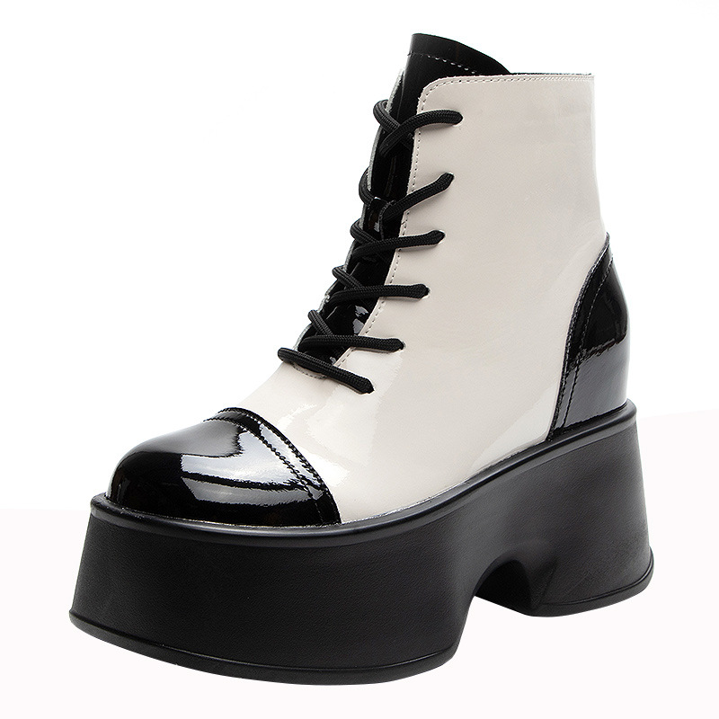 Spring Autumn Slim 11 CM Height Increasing Platform Cross-tied Mixed Colors Patent Leather Side Zipper Women Ankle Short Modern Boots Winter Plush 60212