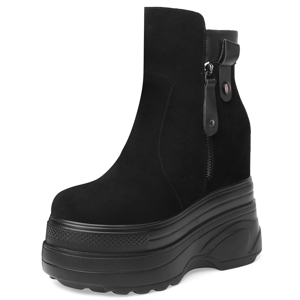 Spring Autumn Slim 14 CM Super High Heels Height Increasing Platform Genuine Leather Side Zipper Women Mid-Calf Modern Boots Winter Plush 60212