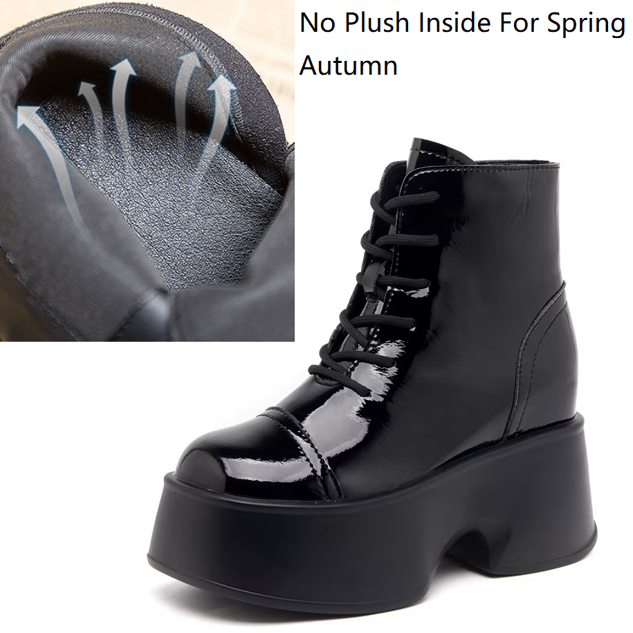 Spring Autumn Slim 11 CM Height Increasing Platform Cross-tied Mixed Colors Patent Leather Side Zipper Women Ankle Short Modern Boots Winter Plush 60212