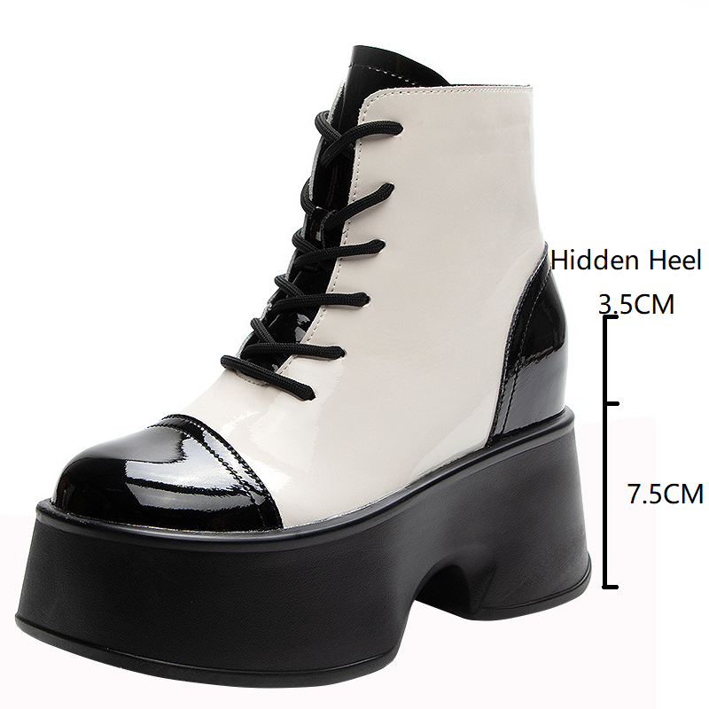 Spring Autumn Slim 11 CM Height Increasing Platform Cross-tied Mixed Colors Patent Leather Side Zipper Women Ankle Short Modern Boots Winter Plush 60212