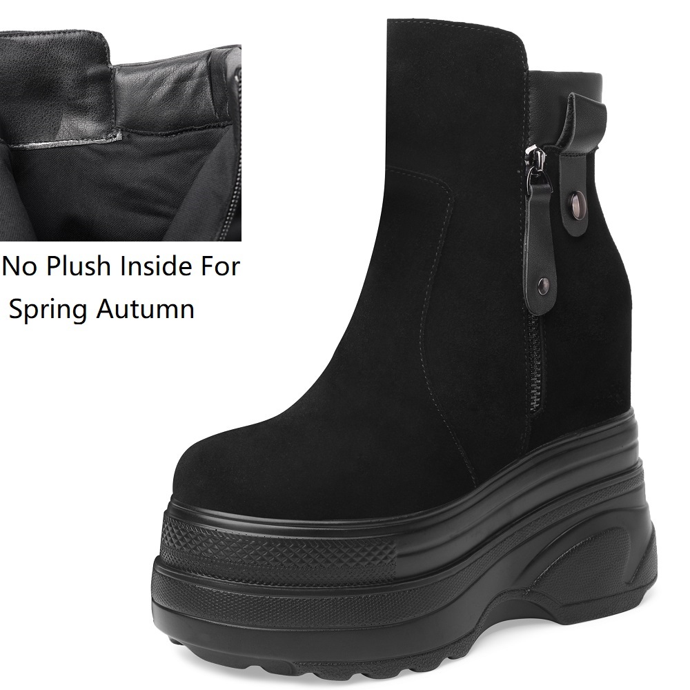 Spring Autumn Slim 14 CM Super High Heels Height Increasing Platform Genuine Leather Side Zipper Women Mid-Calf Modern Boots Winter Plush 60212