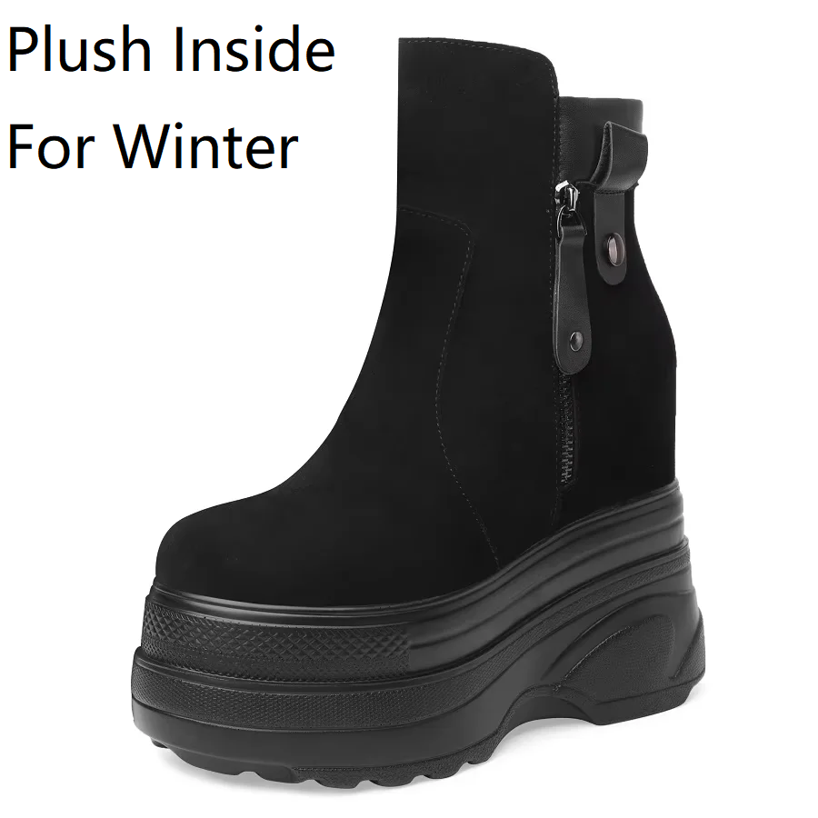 Spring Autumn Slim 14 CM Super High Heels Height Increasing Platform Genuine Leather Side Zipper Women Mid-Calf Modern Boots Winter Plush 60212