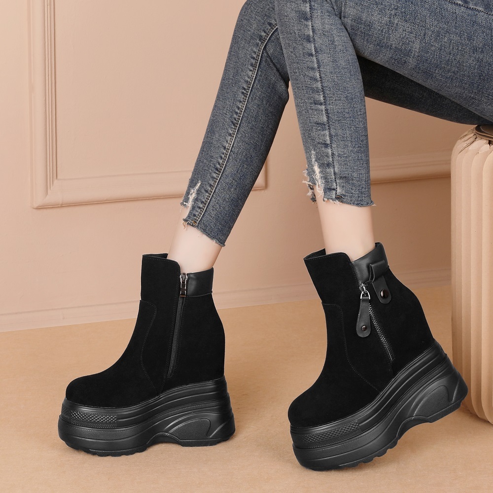 Spring Autumn Slim 14 CM Super High Heels Height Increasing Platform Genuine Leather Side Zipper Women Mid-Calf Modern Boots Winter Plush 60212