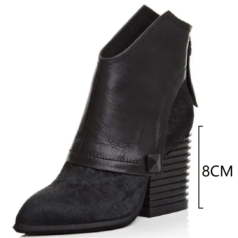 Spring Autumn Fashion 8 CM Thick High Heels Pointed Toe Genuine Leather V-Cut Back Zipper Women Ankle Short Concise Modern Boots 60212