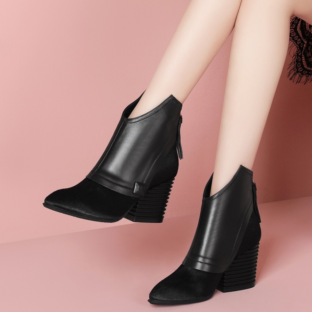 Spring Autumn Fashion Thick High Heels Pointed Toe Rivet Genuine Leather Women Ankle Short Modern Boots Winter Plush Inside