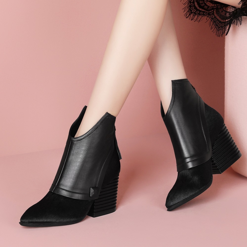 Spring Autumn Fashion Thick High Heels Pointed Toe Rivet Genuine Leather Women Ankle Short Modern Boots Winter Plush Inside