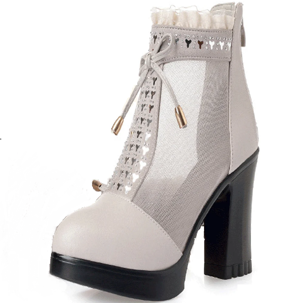 Summer New Fashion Thick High Heels Platform Bowknot Bling Crystal Hollow Out Mesh Genuine Leather Women Ankle Short Modern Boots 60213