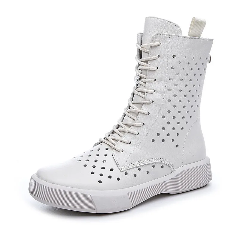 Summer Women Genuine Leather Cut Out Fashion Lace Up Platform Single Shoes Round Toe Breathable Concise Short Boots 60213