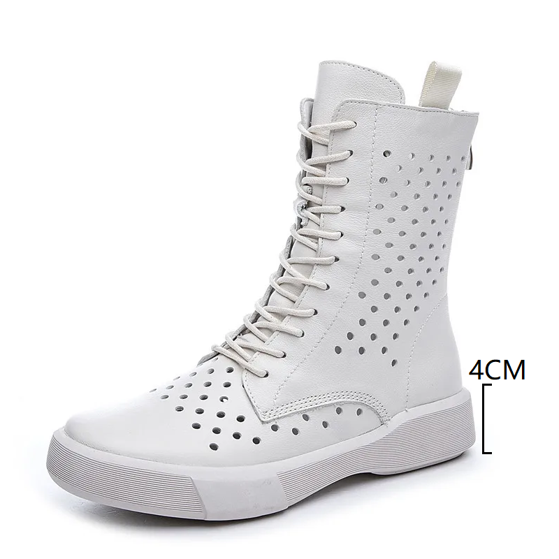 Summer Women Genuine Leather Cut Out Fashion Lace Up Platform Single Shoes Round Toe Breathable Concise Short Boots 60213