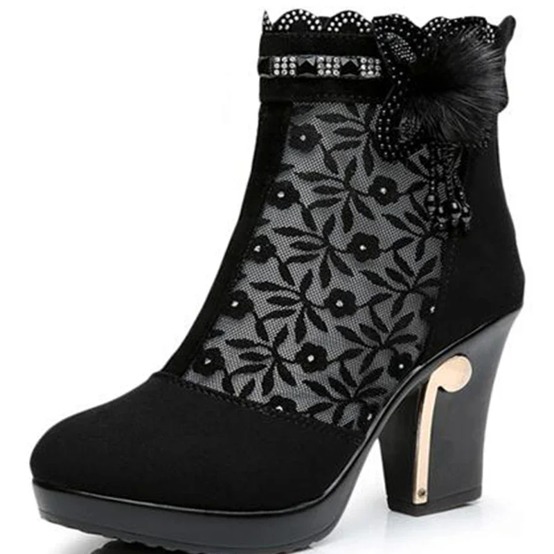 Summer New Fashion 9 CM Thick Heels Cut-outs Embroidery Flowers Back Zipper Crystal Breathable Mesh Genuine Leather Women High-top Boots 60213