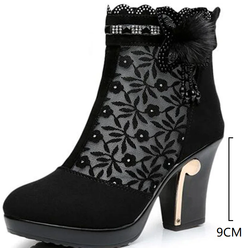 Summer New Fashion 9 CM Thick Heels Cut-outs Embroidery Flowers Back Zipper Crystal Breathable Mesh Genuine Leather Women High-top Boots 60213