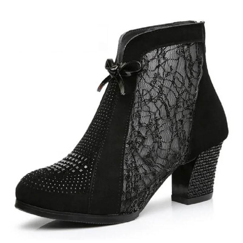6 CM Mid Heel Nubuck Leather Lace Mesh Bowknot Summer Women Fashion Sandals Ankle Boots Back Zipper Genuine Leather Winter Short Plush Shoes Plus Size 32-42 60213