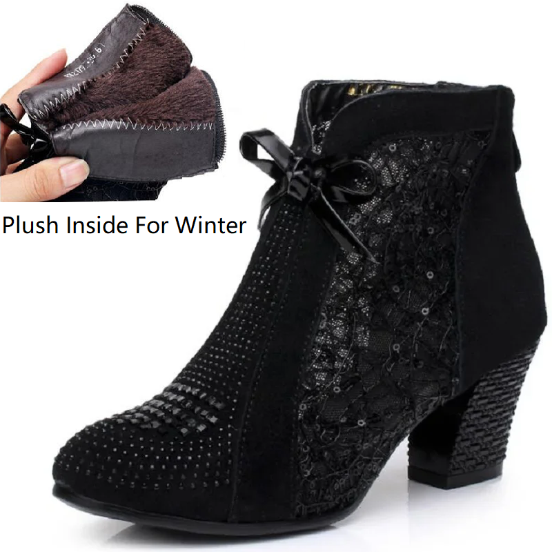 6 CM Mid Heel Nubuck Leather Lace Mesh Bowknot Summer Women Fashion Sandals Ankle Boots Back Zipper Genuine Leather Winter Short Plush Shoes Plus Size 32-42 60213