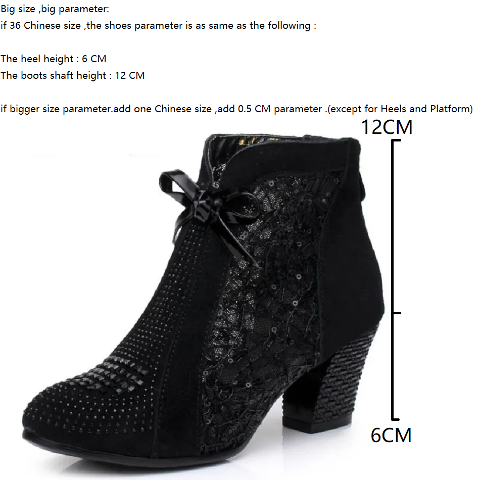 6 CM Mid Heel Nubuck Leather Lace Mesh Bowknot Summer Women Fashion Sandals Ankle Boots Back Zipper Genuine Leather Winter Short Plush Shoes Plus Size 32-42 60213
