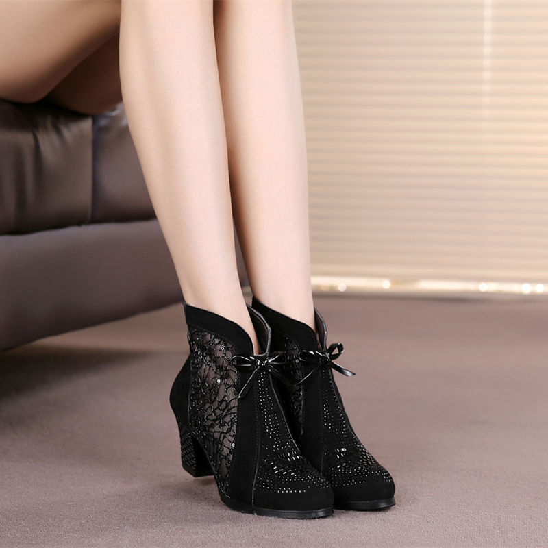 6 CM Mid Heel Nubuck Leather Lace Mesh Bowknot Summer Women Fashion Sandals Ankle Boots Back Zipper Genuine Leather Winter Short Plush Shoes Plus Size 32-42 60213