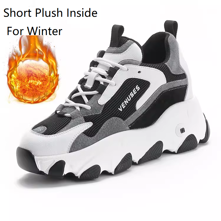 Summer Spring Autumn Breathable Women Round Toe Chunky Bottom 8 CM Height Increasing Elevator Sneakers Fashion Winter Short Plush Leisure Shoes 60213
