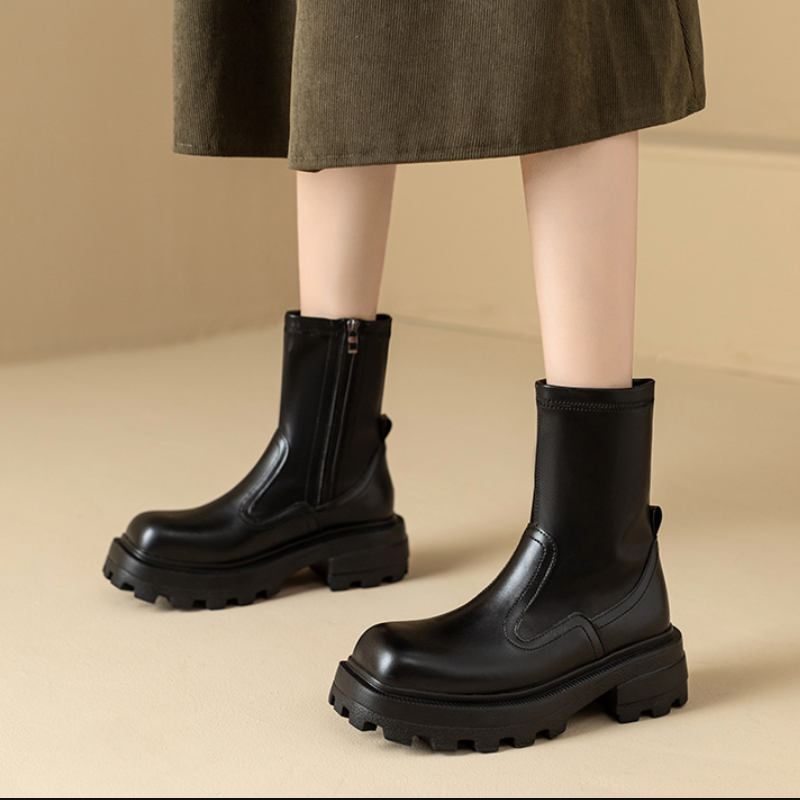 Spring Autumn New British Style Fashion 5 CM Thick High Heels Square Toe Sewing Platform Patent Leather Side Zipper Women Mid-Calf Modern Boots 60213