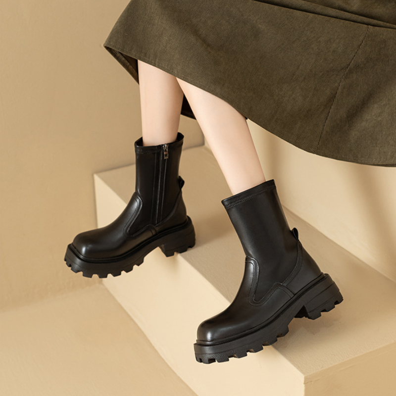 Spring Autumn New British Style Fashion Thick High Heels Square Toe Sewing Platform Patent Leather Women Mid-Calf Modern Boots