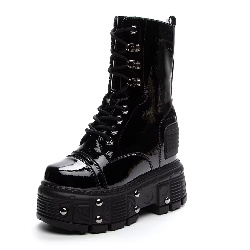 Winter New Slim 12 CM Height Increasing Platform Cross-tied Knight Boots Rivets Genuine Leather Short Plush Warm Women Mid-Calf Half Equestrian Boots 60213