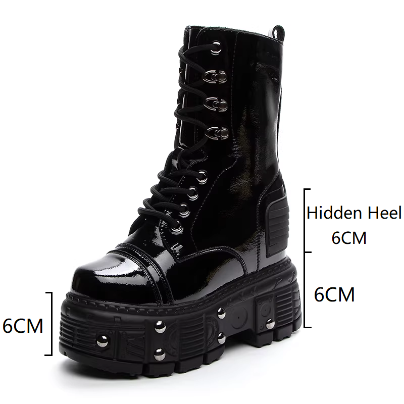 Winter New Slim 12 CM Height Increasing Platform Cross-tied Knight Boots Rivets Genuine Leather Short Plush Warm Women Mid-Calf Half Equestrian Boots 60213