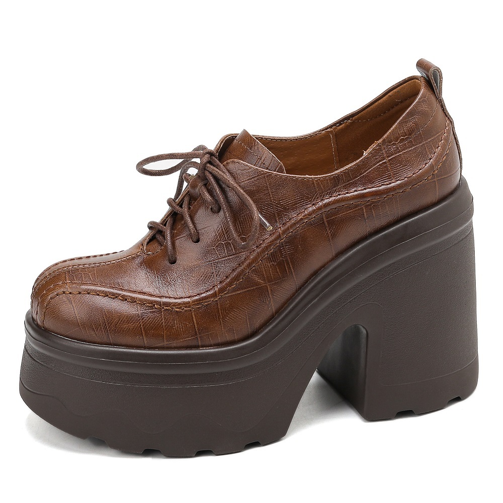 Women's New Arrival Embossed Cowhide Cross-Tied Platform Retro British Style Versatile 12 CM Square Heel Stitched Spring Autumn Minimalist Loafers 60214