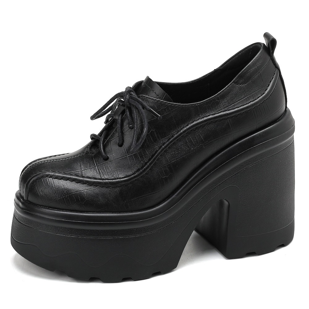 Women's New Arrival Embossed Cowhide Cross-Tied Platform Retro British Style Versatile 12 CM Square Heel Stitched Spring Autumn Minimalist Loafers 60214