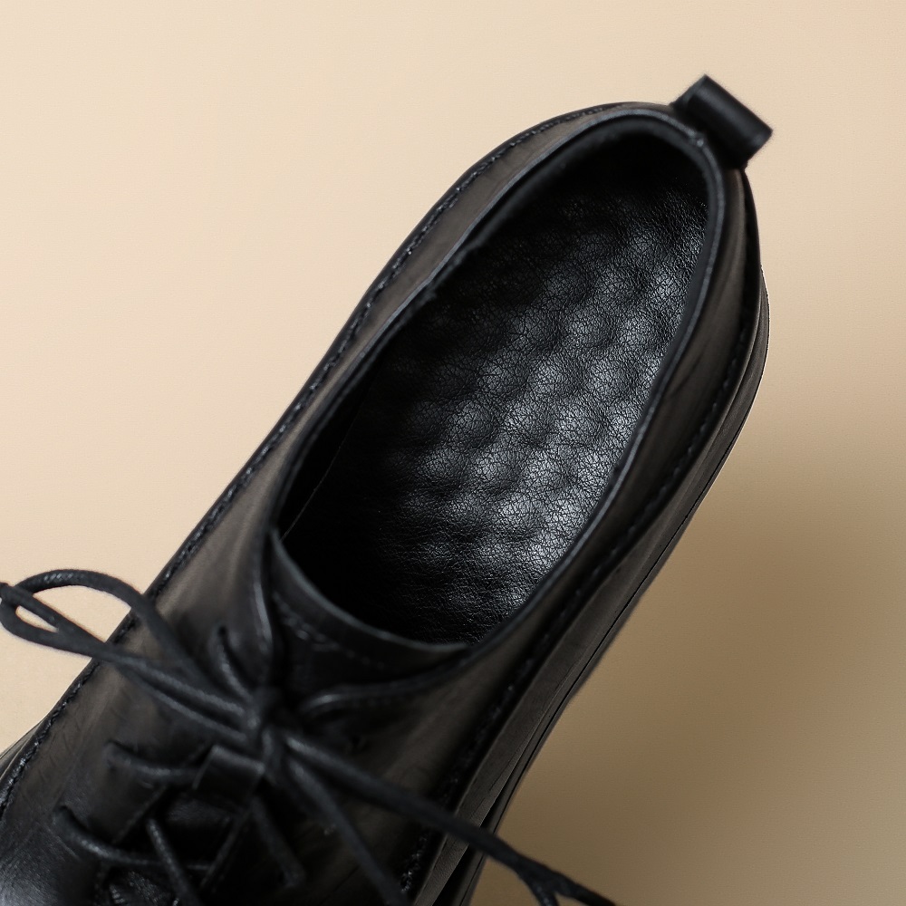 Women's New Arrival Embossed Cowhide Cross-Tied Platform Retro British Style Versatile 12 CM Square Heel Stitched Spring Autumn Minimalist Loafers 60214