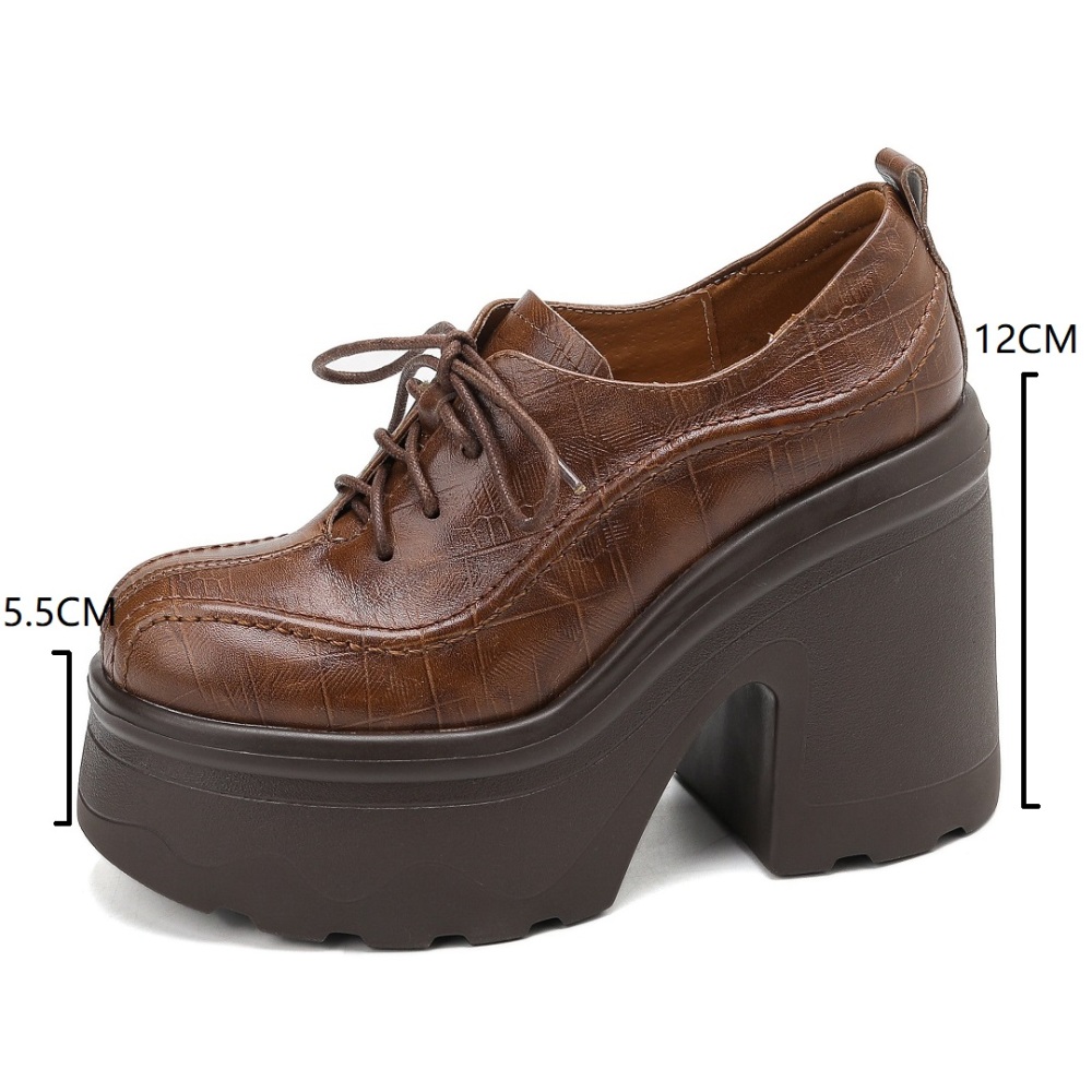 Women's New Arrival Embossed Cowhide Cross-Tied Platform Retro British Style Versatile 12 CM Square Heel Stitched Spring Autumn Minimalist Loafers 60214