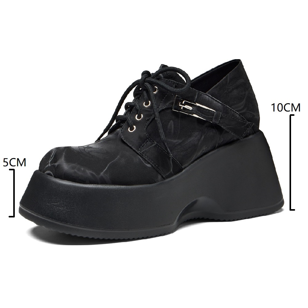 Women's Genuine Leather Square Toe Lace-Up 10 CM Wedge Heel Platform Shoes Sewing Metal Buckle Concise New Spring Autumn Shoes 60214