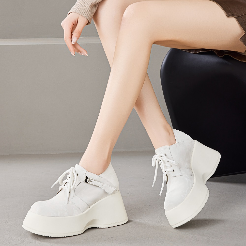 Women's Genuine Leather Square Toe Lace-Up 10 CM Wedge Heel Platform Shoes Sewing Metal Buckle Concise New Spring Autumn Shoes 60214