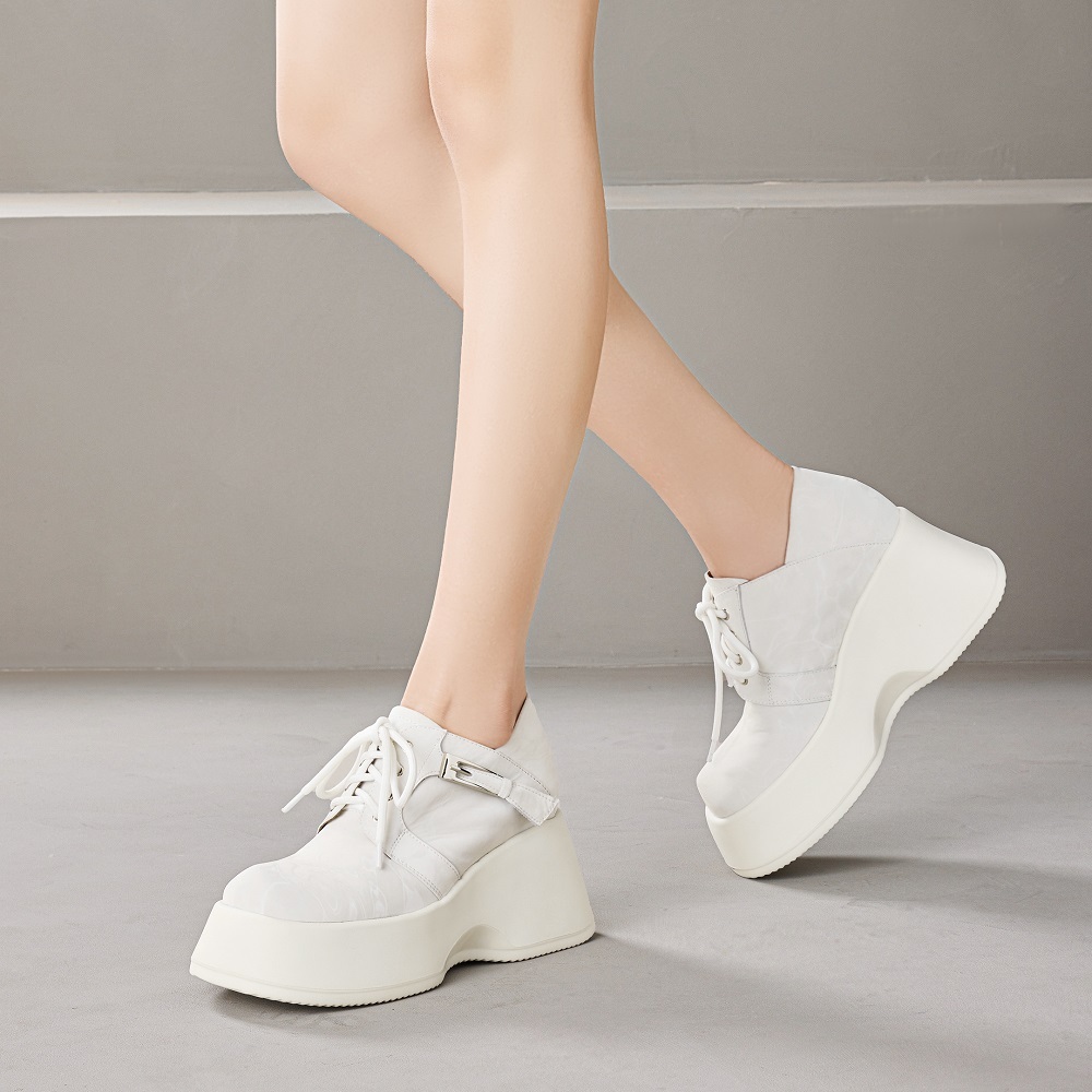 Women's Genuine Leather Square Toe Lace-Up 10 CM Wedge Heel Platform Shoes Sewing Metal Buckle Concise New Spring Autumn Shoes 60214