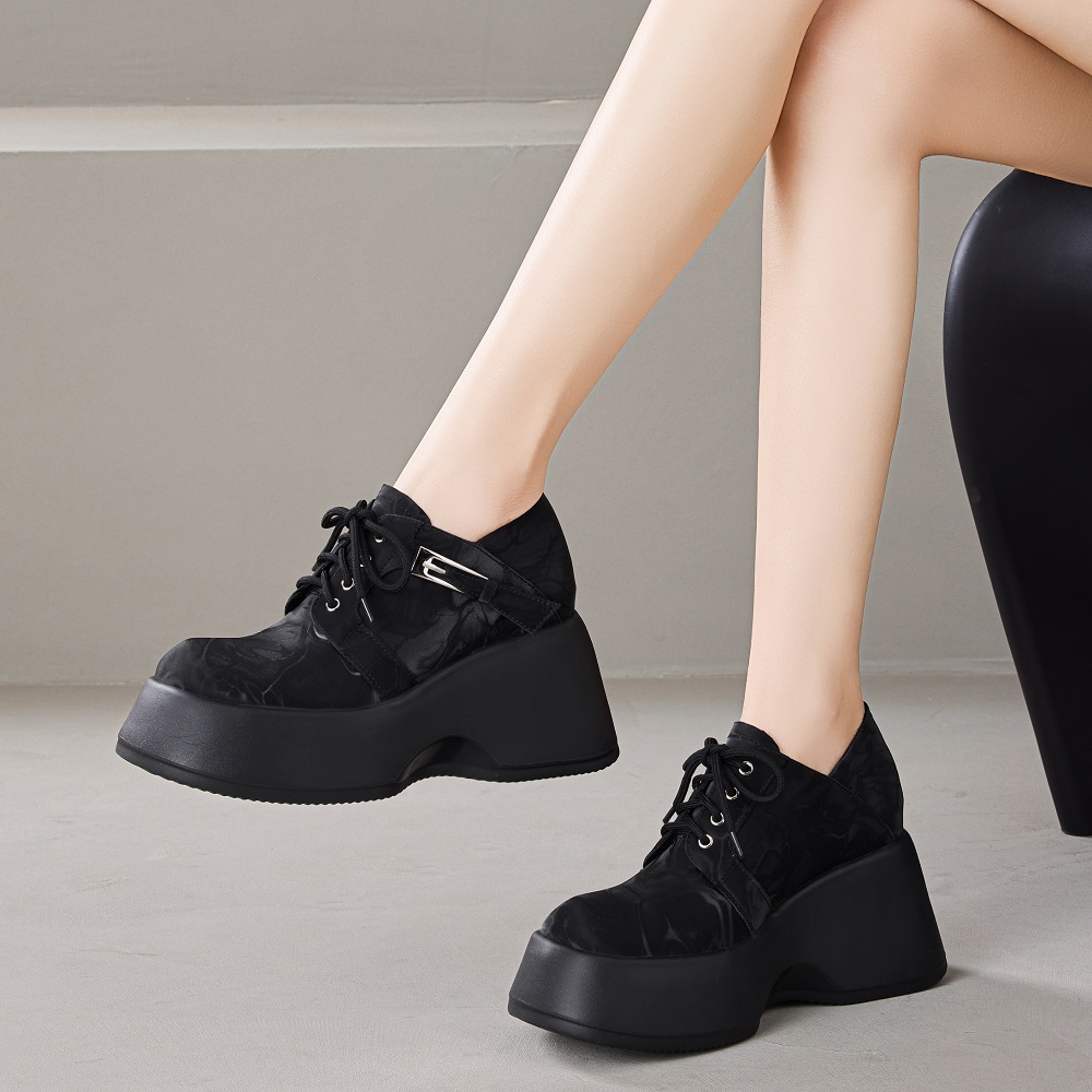 Women's Genuine Leather Square Toe Lace-Up 10 CM Wedge Heel Platform Shoes Sewing Metal Buckle Concise New Spring Autumn Shoes 60214